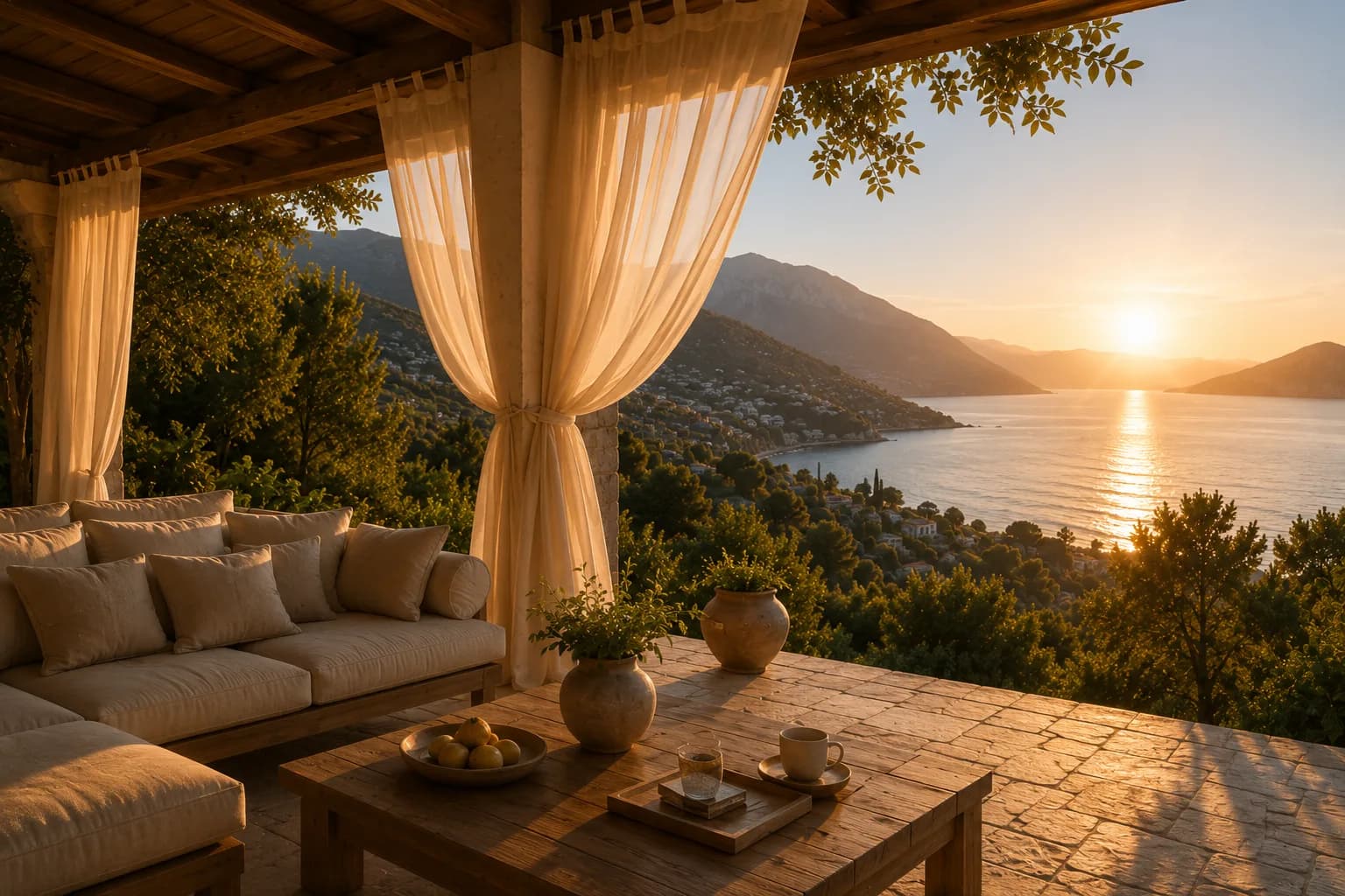 A covered Mediterranean terrace at sunset overlooking the sea