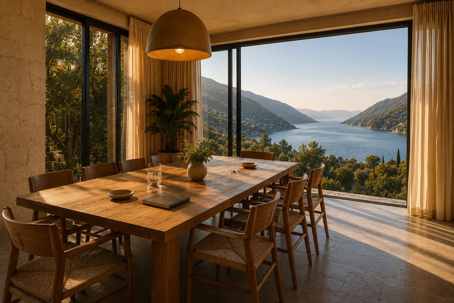 A dining table in a Mediterranean villa overlooking the sea