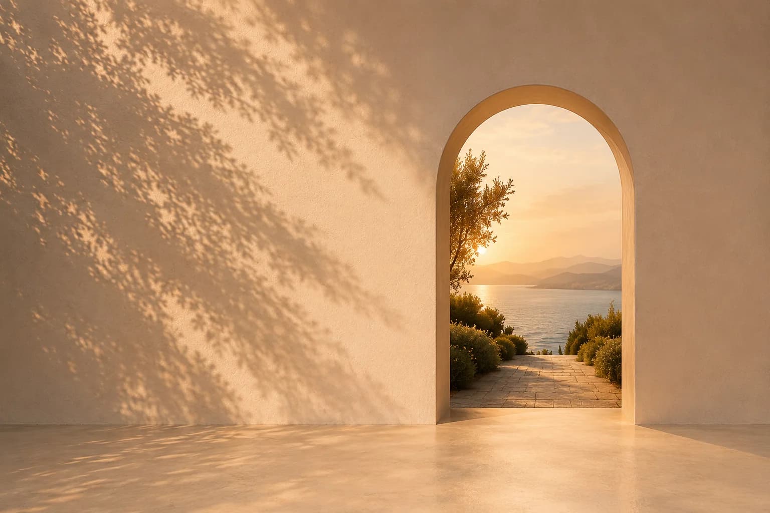 A sunlit archway opening onto the sea at golden hour