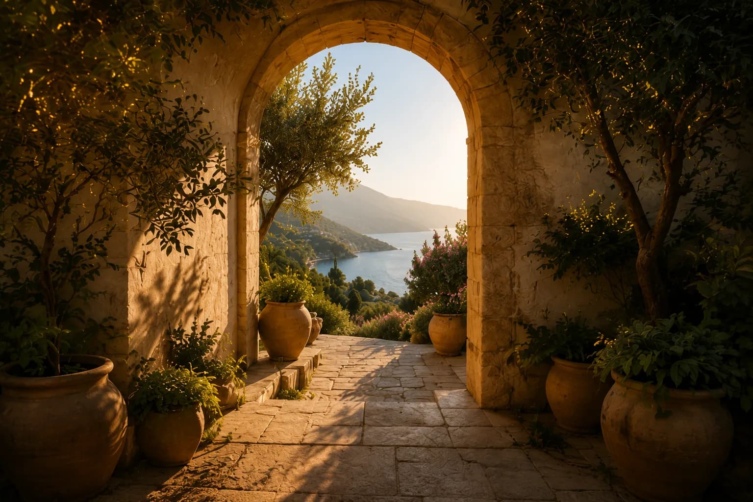 A sunlit Mediterranean archway opening onto the sea at golden hour